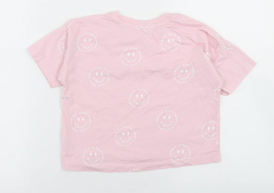 George Girls Pink Geometric Cotton Cropped T-Shirt Size 5-6 Years Crew Neck - Smiley Face