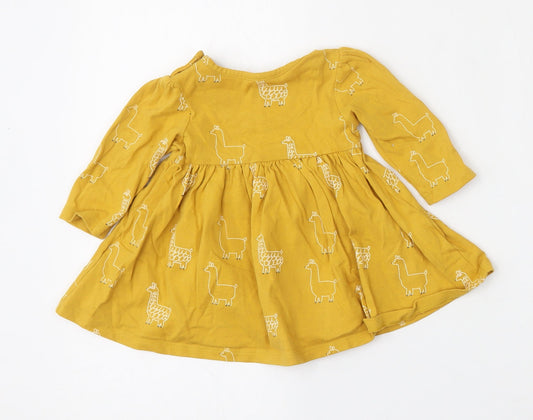 Marks and Spencer Girls Yellow Geometric Cotton Skater Dress Size 3-6 Months Round Neck