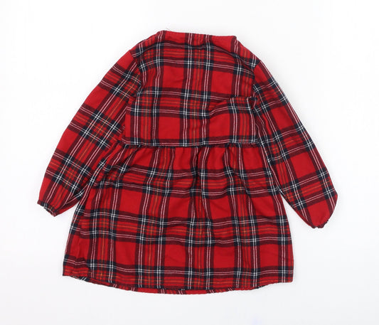 Primark Girls Red Check Polyester Skater Dress Size 24 Months Round Neck Button