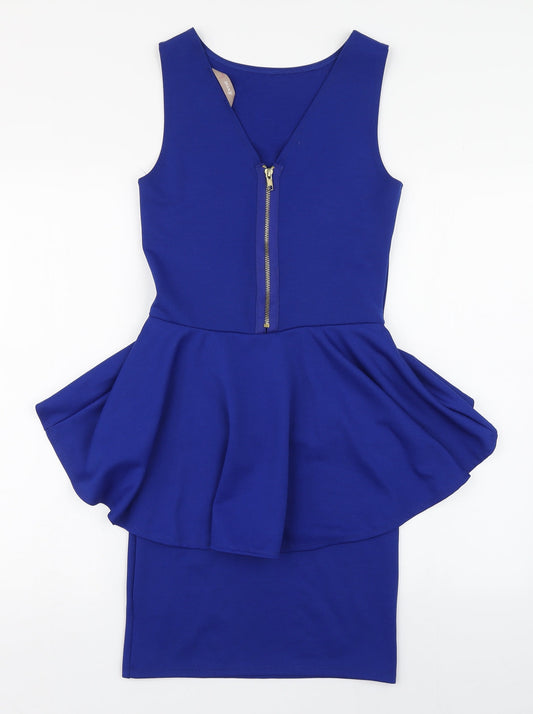 A Wear Womens Blue Polyester Pencil Dress Size 8 Scoop Neck Zip - Hip Ruffle