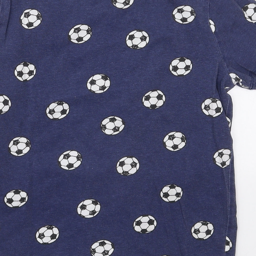 F&F Boys Blue Cotton Basic T-Shirt Size 9-10 Years Crew Neck Pullover - Footballs