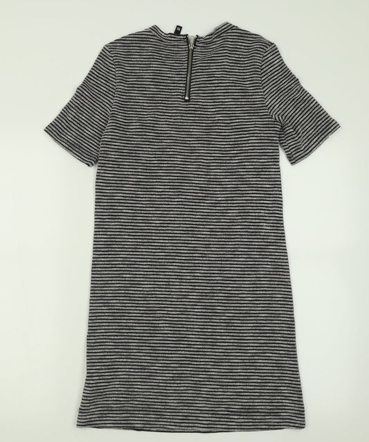 H&M Womens Grey Striped Polyester A-Line Size 10 Crew Neck Zip