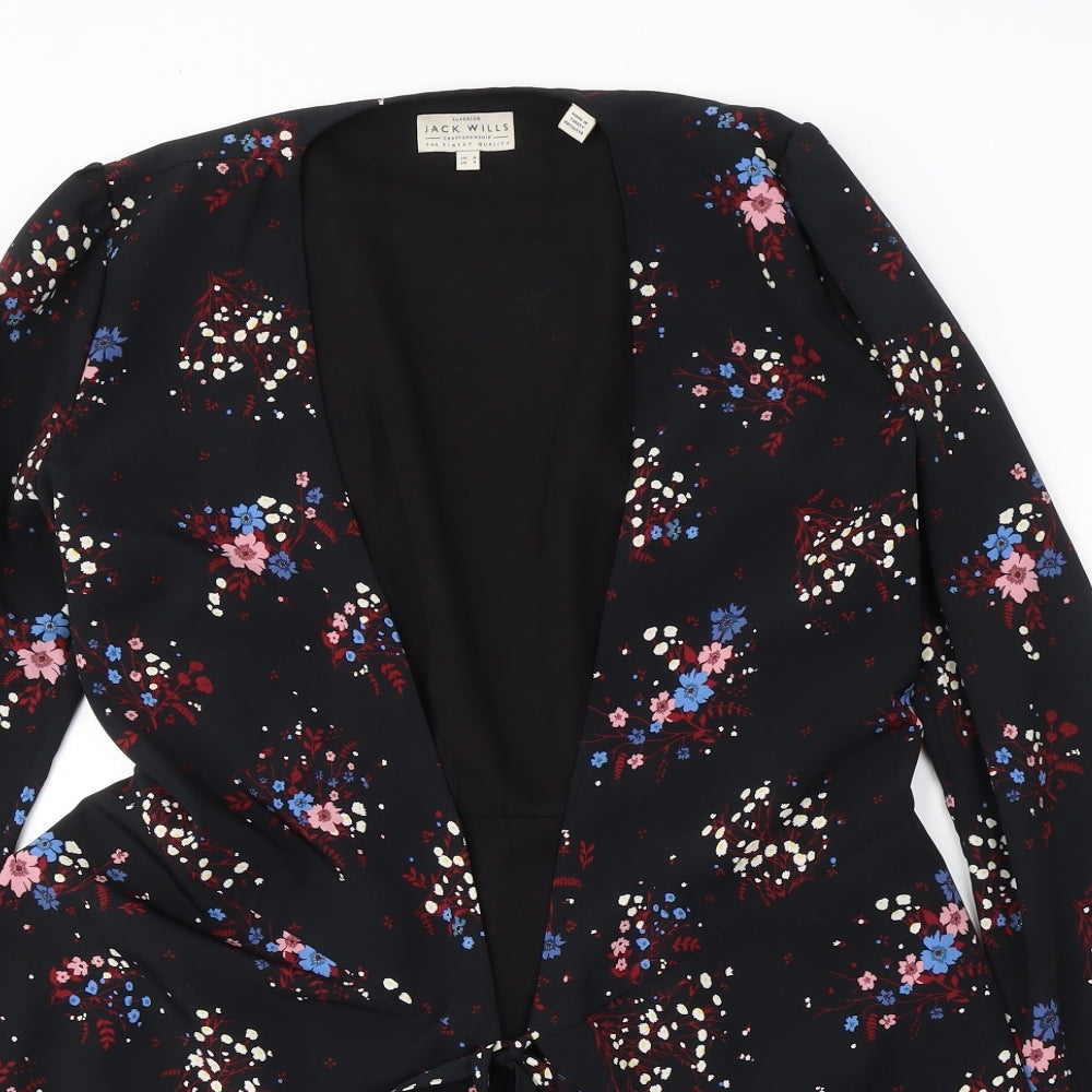 Jack Wills Womens Black Floral Jacket Blazer Size 8 Tie