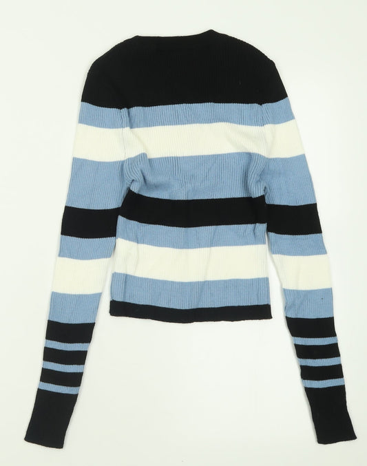 New Look Girls Blue Crew Neck Striped Acrylic Pullover Jumper Size 12-13 Years Pullover