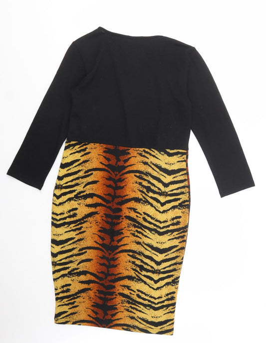 Indulgence Womens Black Animal Print Wool Bodycon Size M Crew Neck Pullover