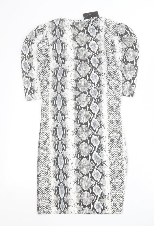 PRETTYLITTLETHING Womens Grey Animal Print Polyester Bodycon Size 8 Square Neck Pullover