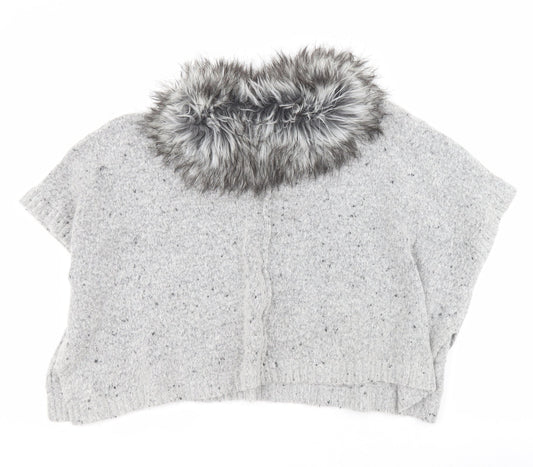 Primark Girls Grey Collared Acrylic Cardigan Jumper Size 7-8 Years Hook & Eye - Faux fur