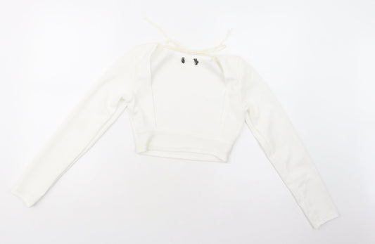 PRETTYLITTLETHING Womens White Polyester Cropped Blouse Size 6 Round Neck