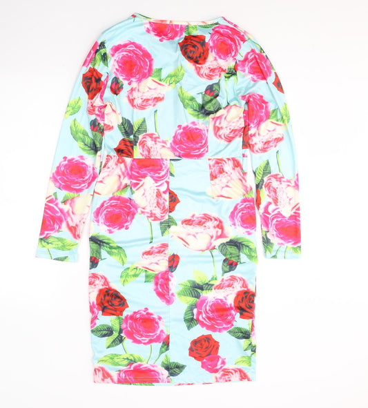 Preworn Womens Blue Floral Cotton A-Line Size L Round Neck Zip