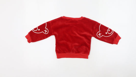 Preworn Girls Red Round Neck Animal Print Cotton Pullover Jumper Size S Pullover