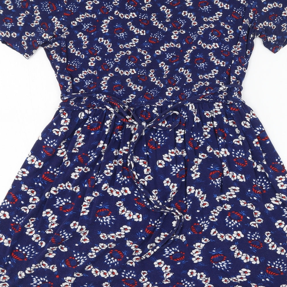 Oasis Womens Blue Floral Viscose Slip Dress Size S Round Neck Drawstring