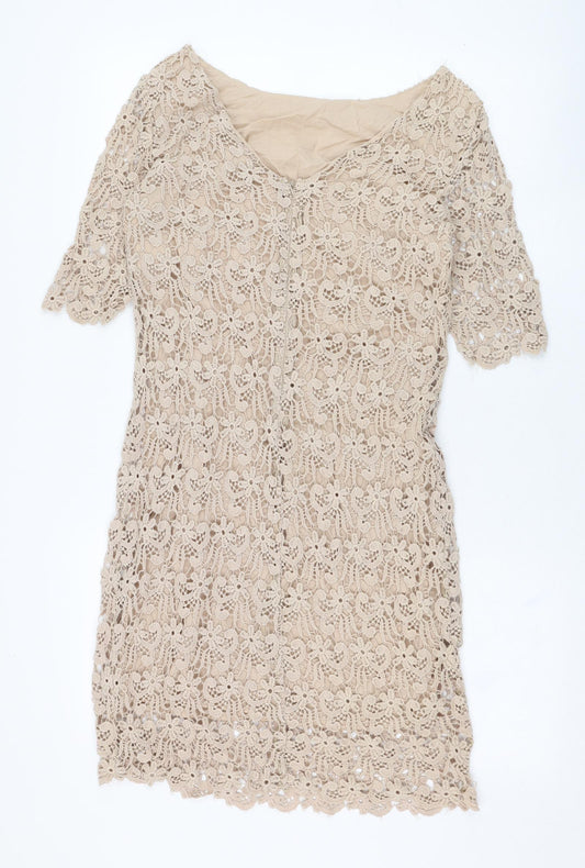 Laura Clément Womens Brown Cotton Shift Size 8 Round Neck Zip