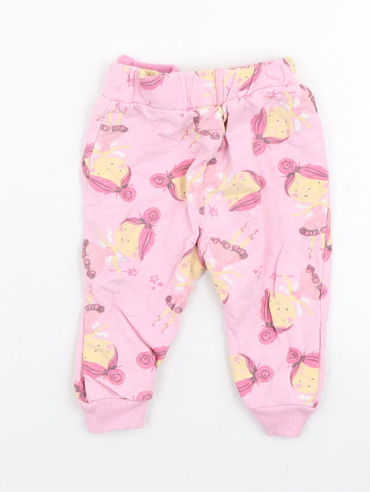 Studio Girls Pink 100% Cotton Jogger Trousers Size 6-9 Months Drawstring - Fairy