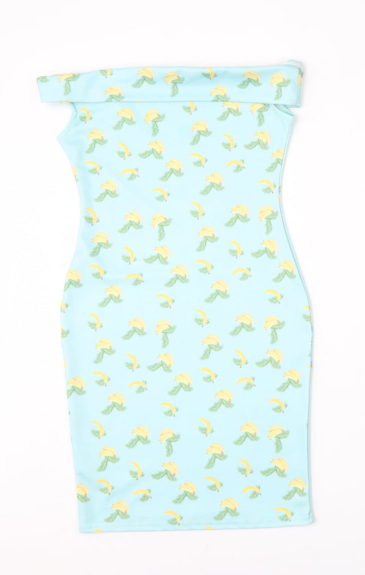 PRETTYLITTLETHING Womens Blue Geometric Polyester Pencil Dress Size 6 Round Neck