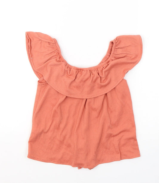 Primark Girls Orange Polyester Basic Blouse Size 9-10 Years Round Neck Pullover - knot detail