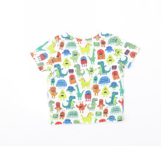 Mini Club Boys White Geometric Cotton Basic T-Shirt Size 12-18 Months Round Neck - dinosaur