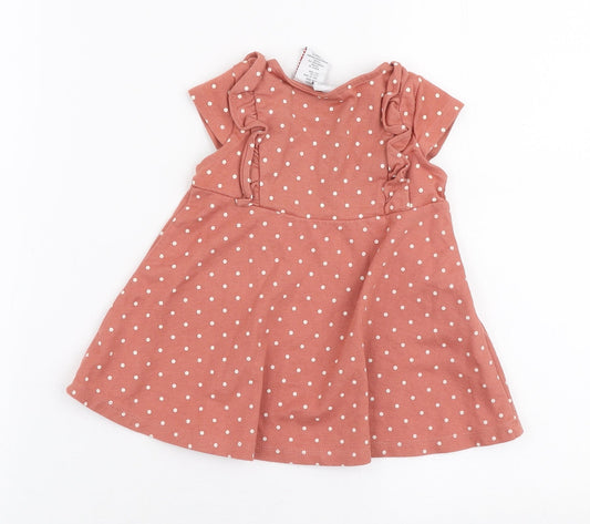 Tahari Girls Pink Polka Dot Cotton Skater Dress Size 12-18 Months Round Neck Button