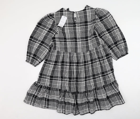 New Look Womens Black Plaid Cotton Fit & Flare Size 6 Round Neck
