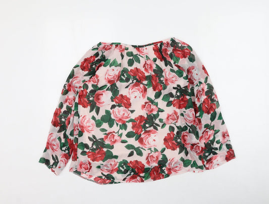 Billie & Blossom Womens White Floral Polyester Basic Blouse Size 10 Round Neck