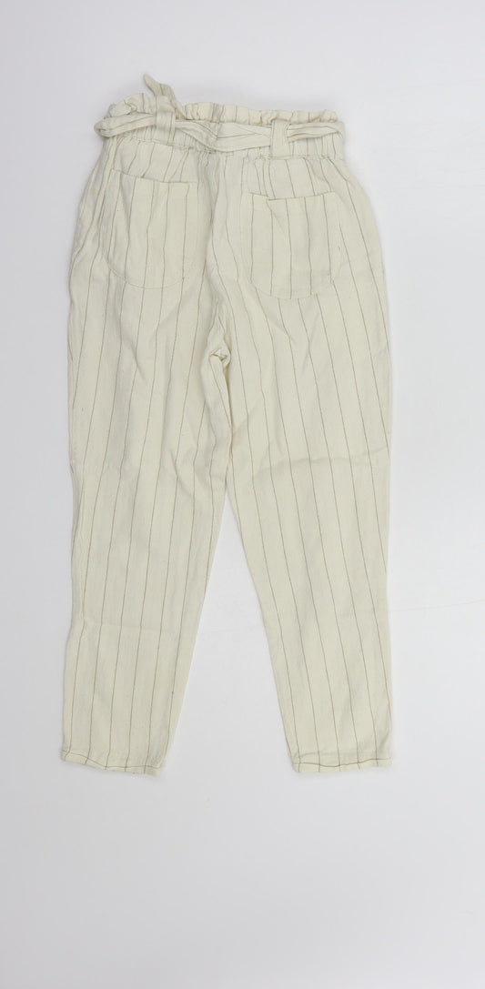 Dunnes Stores Girls Ivory Striped Cotton Chino Trousers Size 8 Years Regular Tie