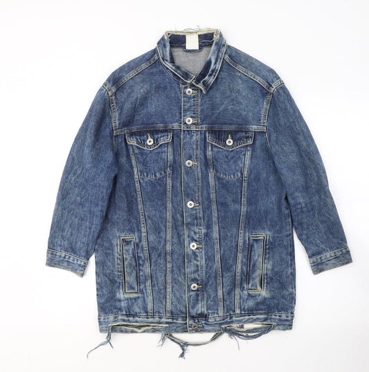 H&M Womens Blue Jacket Size 8 Button - ripped detail