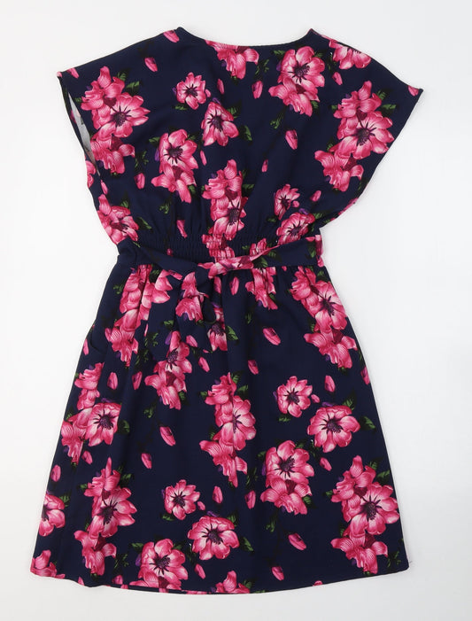 BLUE VANILLA Womens Blue Floral Polyester Fit & Flare Size 8 V-Neck Pullover