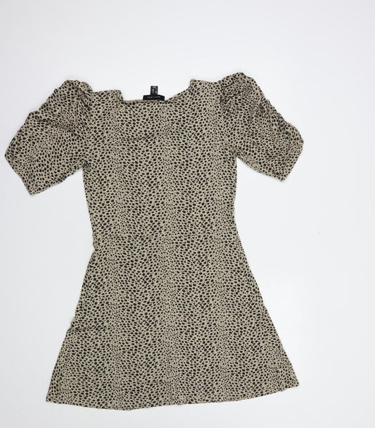 New Look Womens Beige Animal Print Viscose Fit & Flare Size 8 Square Neck Pullover