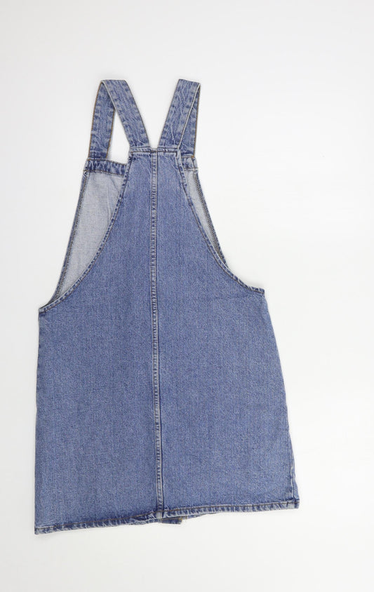 Denim Co. Womens Blue Cotton Pinafore/Dungaree Dress Size 8 Square Neck Button