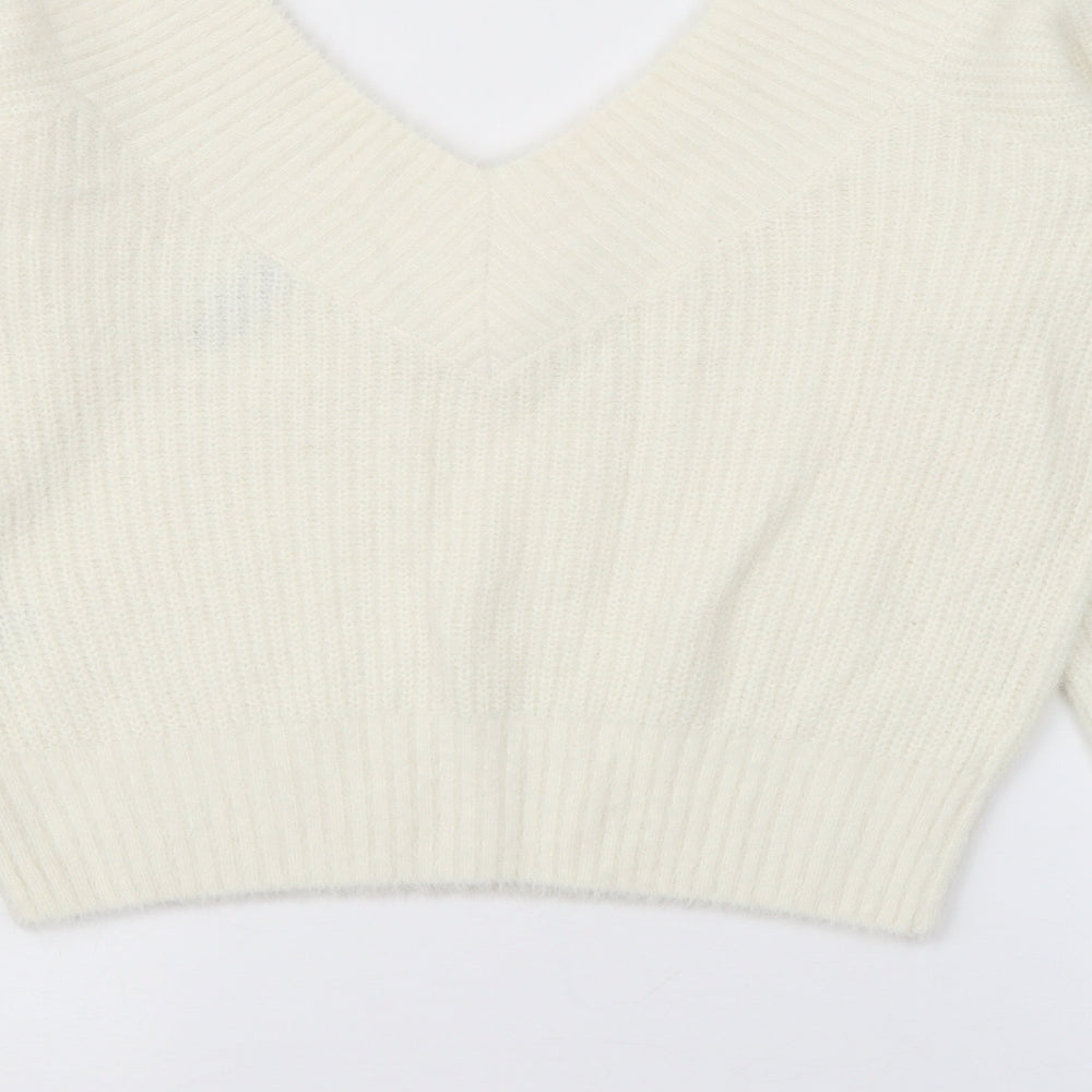 H&M Womens White V-Neck Polyamide Pullover Jumper Size M