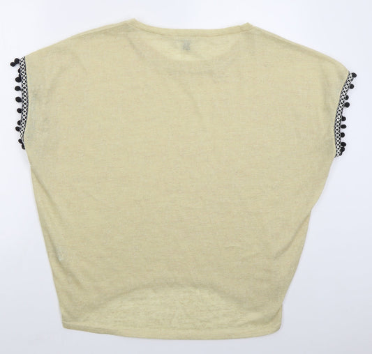 QED London Womens Beige Polyester Basic T-Shirt Size M Boat Neck - Pom Pom