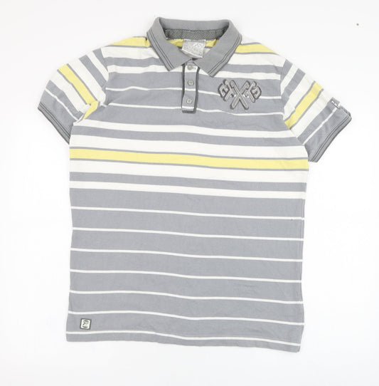 T-Sport Mens Grey Striped Cotton Polo Size L Collared Pullover
