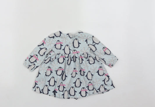 Marks and Spencer Girls Blue Cotton Fit & Flare Size 3-6 Months Round Neck Snap - Penguins