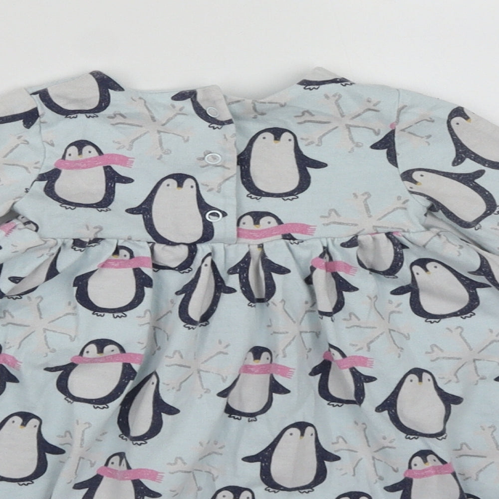 Marks and Spencer Girls Blue Cotton Fit & Flare Size 3-6 Months Round Neck Snap - Penguins
