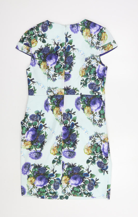 Darling Womens Blue Floral Polyester Pencil Dress Size M Scoop Neck Zip