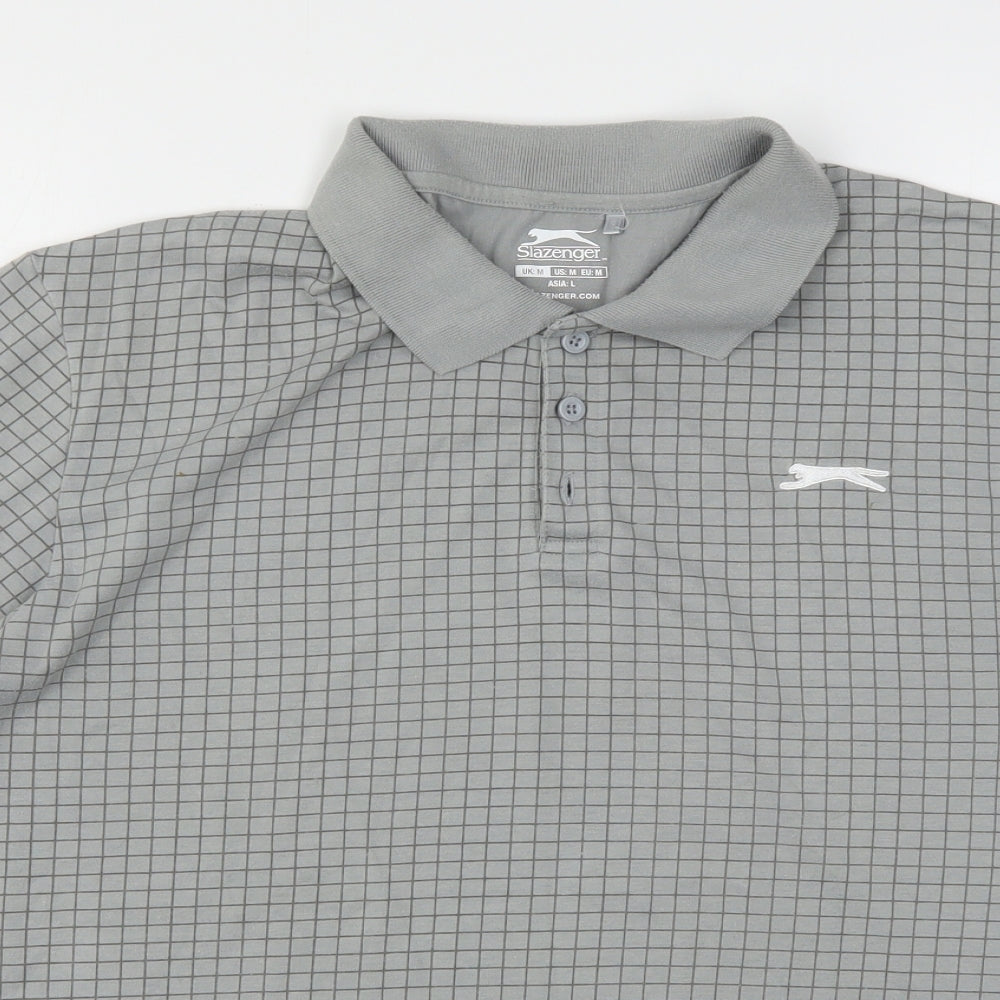Slazenger Mens Grey Check Polyester Polo Size M Collared