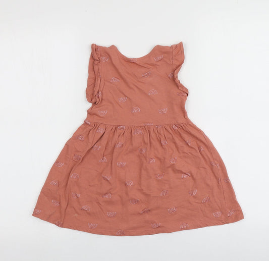 H&M Girls Pink Geometric 100% Cotton Skater Dress Size 2 Years Round Neck - Rainbow Pattern