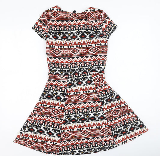 Divided Womens Multicoloured Geometric Polyester Fit & Flare Size 6 Round Neck