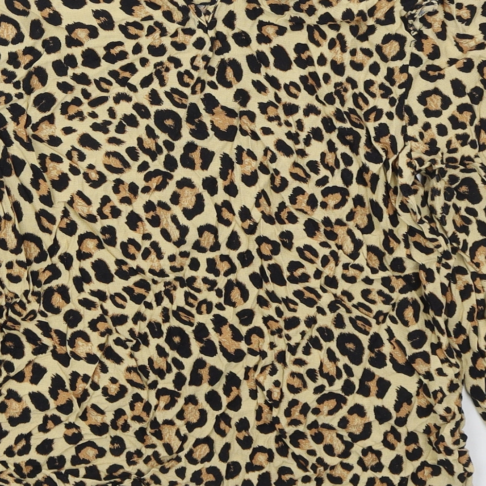 New Look Womens Brown Animal Print Viscose Basic Blouse Size 10 Round Neck
