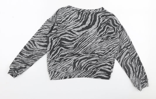 Miss Evie Girls Grey Round Neck Animal Print Polyester Pullover Jumper Size 7-8 Years Pullover