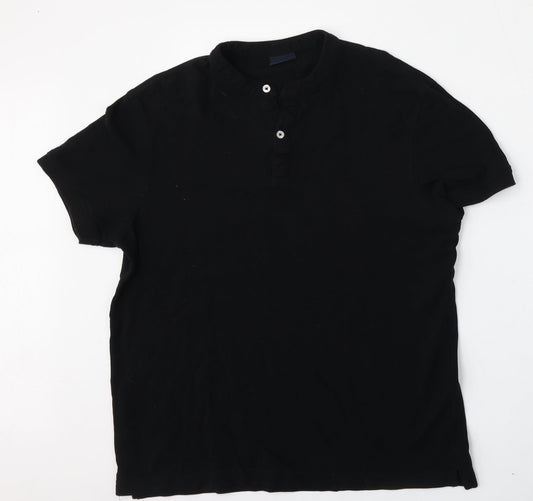 Lefties Mens Black Cotton Polo Size L Round Neck Button