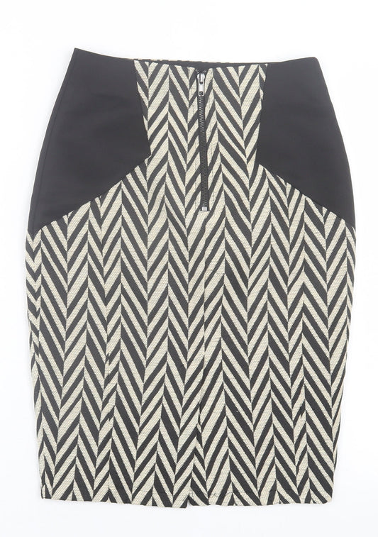 Angl Womens Beige Geometric Cotton A-Line Skirt Size S Zip