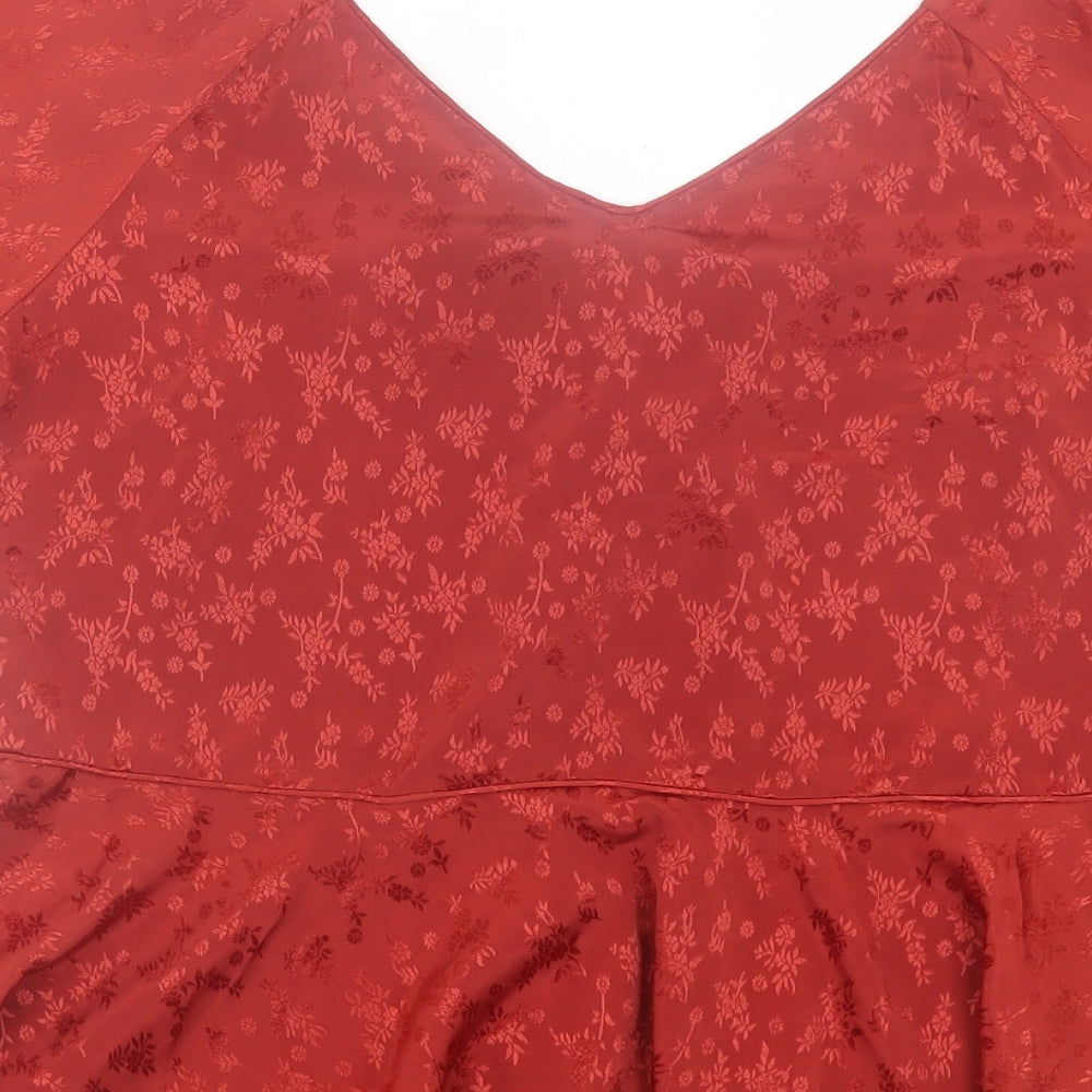 Nine Savannah Miller Womens Red Floral Polyester Basic T-Shirt Size 12 V-Neck