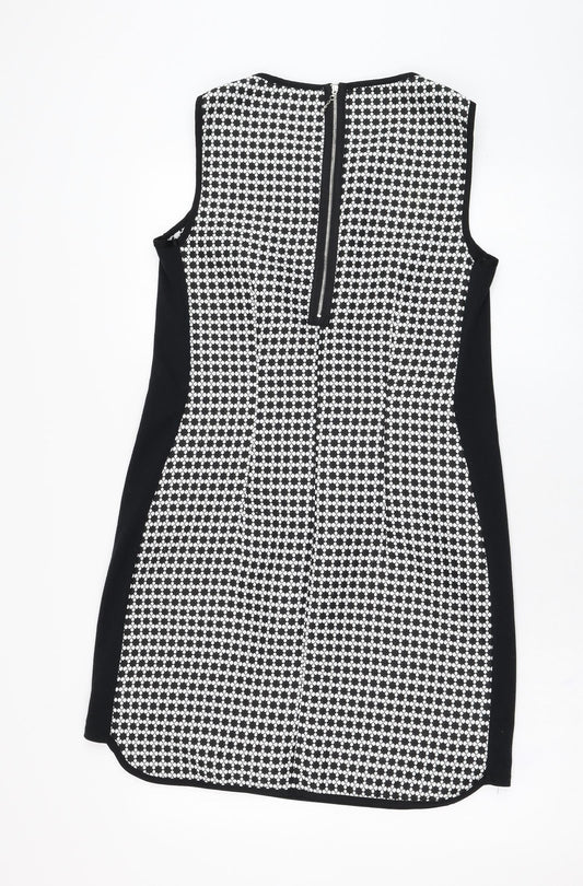 Dunnes Stores Womens Black Geometric Polyester Shift Size 10 Round Neck Zip