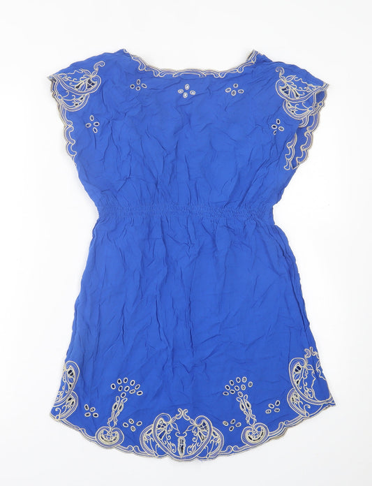 Atmosphere Womens Blue Geometric Viscose A-Line Size 10 V-Neck Pullover
