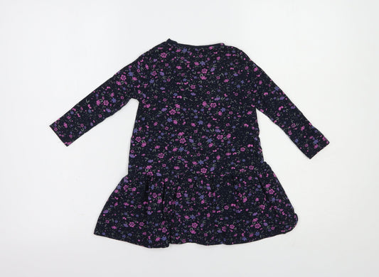 name it Girls Blue Floral Cotton T-Shirt Dress Size 2-3 Years Crew Neck Pullover