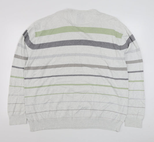 Nex Mens White V-Neck Striped Cotton Pullover Jumper Size 2XL