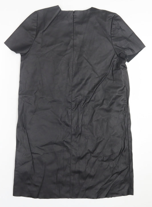 Topshop Womens Black Polyurethane T-Shirt Dress Size 6 Crew Neck Zip