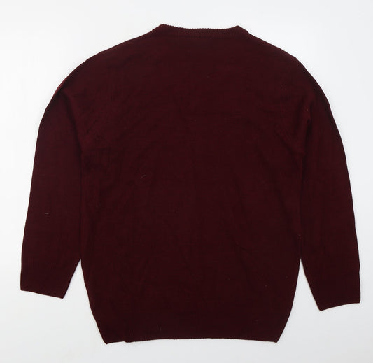 Chums Mens Red V-Neck Acrylic Pullover Jumper Size S - Burgundy