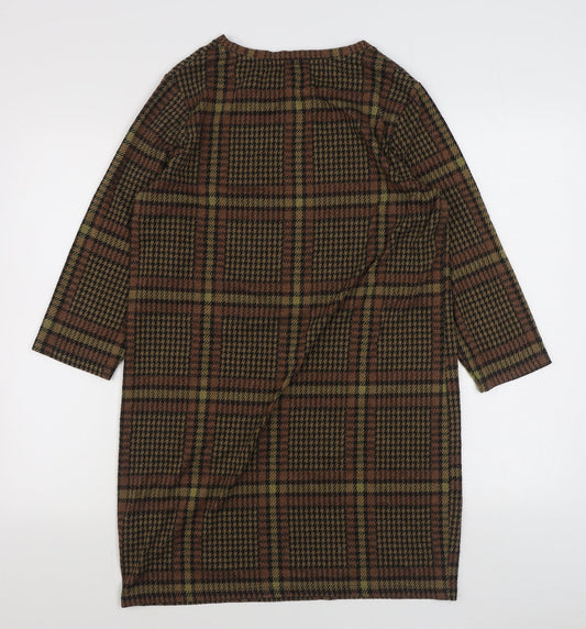 TU Womens Brown Plaid Polyester A-Line Size 12 Scoop Neck Pullover