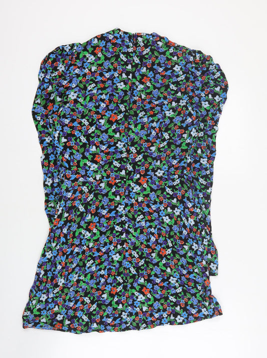 Topshop Womens Black Floral Viscose A-Line Size 8 High Neck Zip